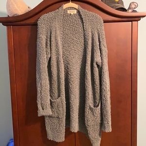 muted GREEN Listicle cardigan with popcorn knot texture